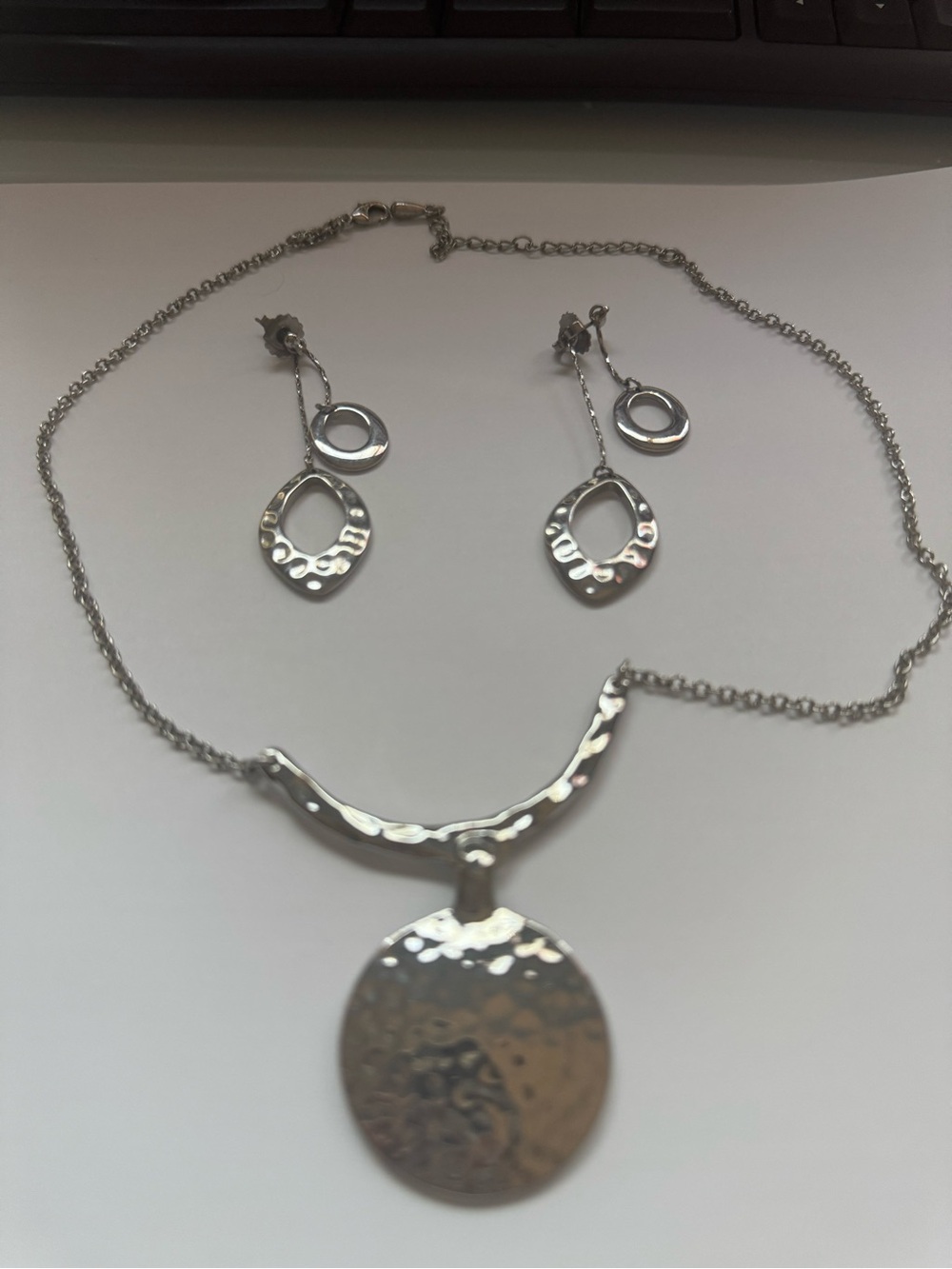 Lia Sophia Silver-Tone Hammered Pendant Necklace with Drop Earrings